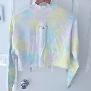 Merci Hand Embroidered Pastel Tie Dye Ruffle Mock Neck Cropped Long Sleeve